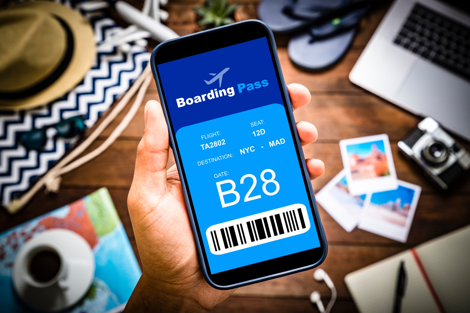 Traveling: Looking at the electronic boarding pass on a smartphone screen